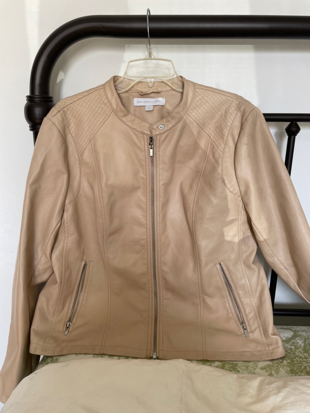 NY Collection Women's Beige Leather Zip Jacket